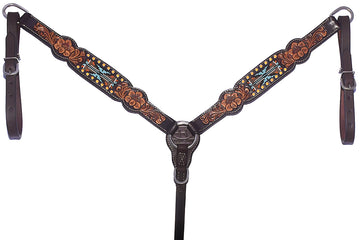 Bar H Equine Western Horse Genuine Leather Floral Design Breast Collar Dark Brown